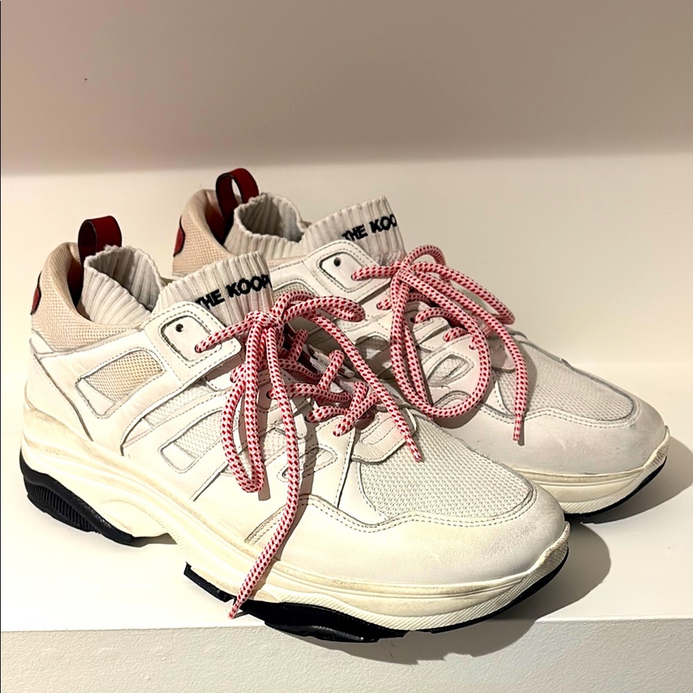 CLEARANCE SALE THE KOOPLES Men’s White and Red Sneakers with Black Soles.